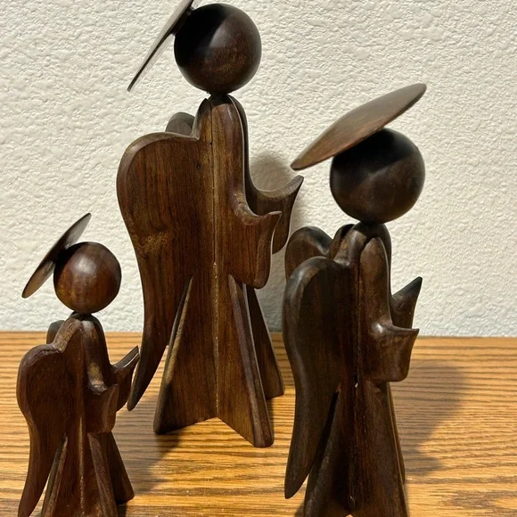 Vintage Wooden Angel Sculpture Trio - Brown - Picture 2 of 11